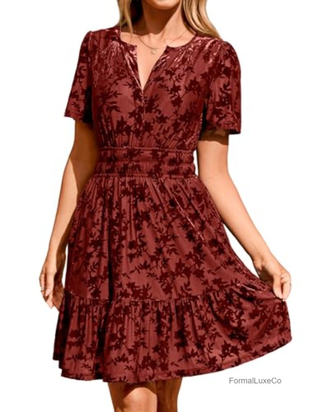 Burnout Velvet Short Sleeve Cocktail Dress V Neck Mini with Pockets